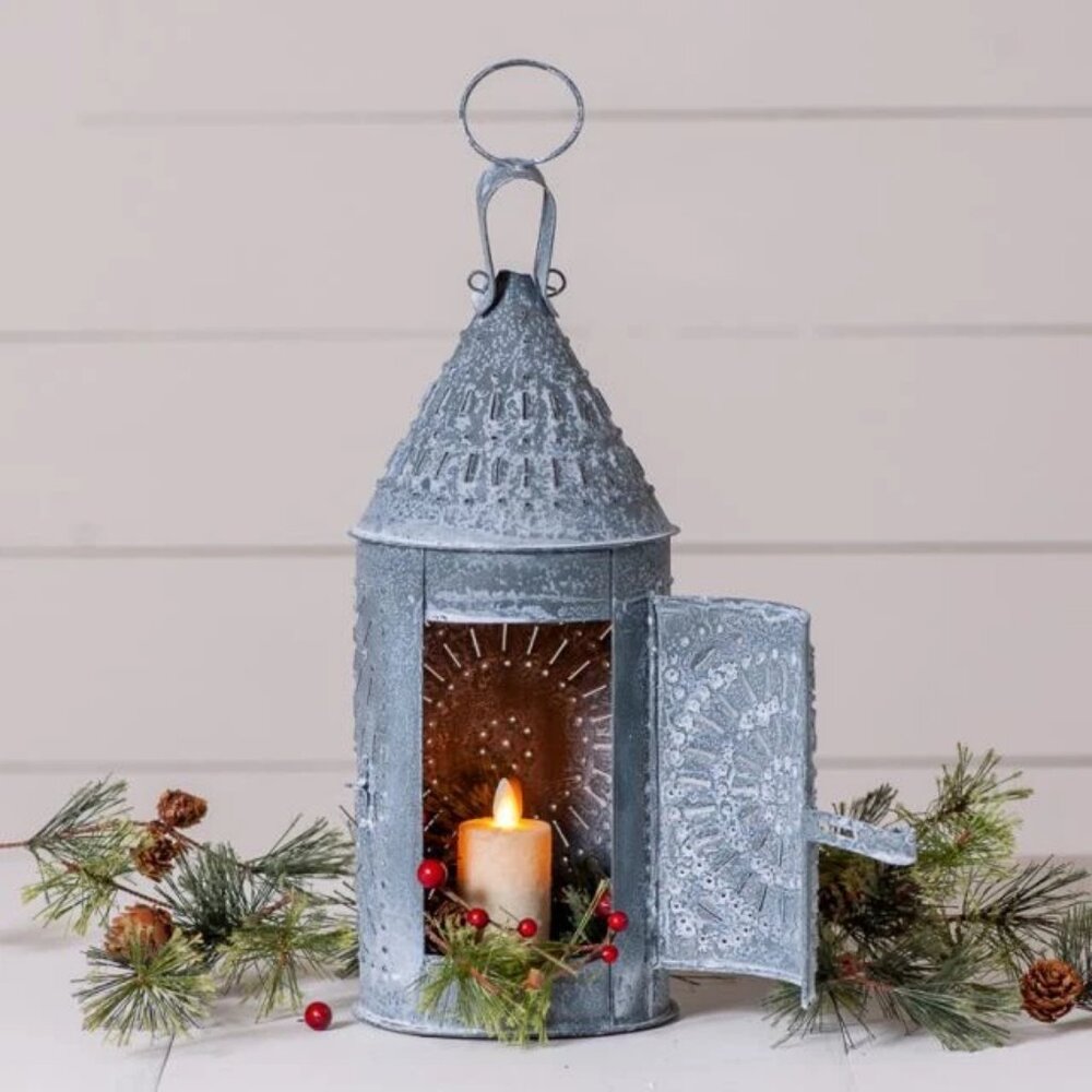 Large Revere tin Lantern with weathered zinc finish